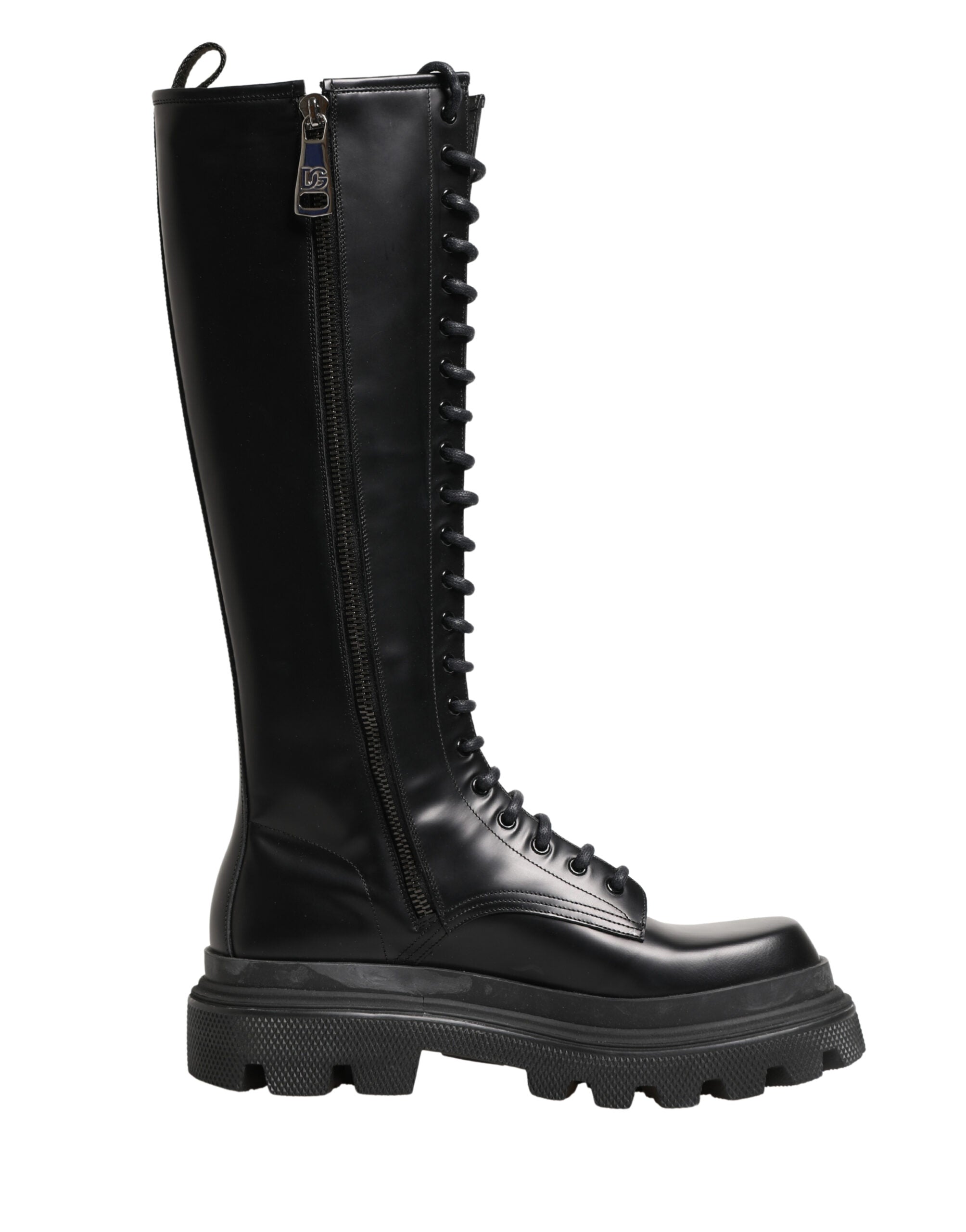 Dolce & Gabbana Black Leather Knee High Lace Up Boots Shoes