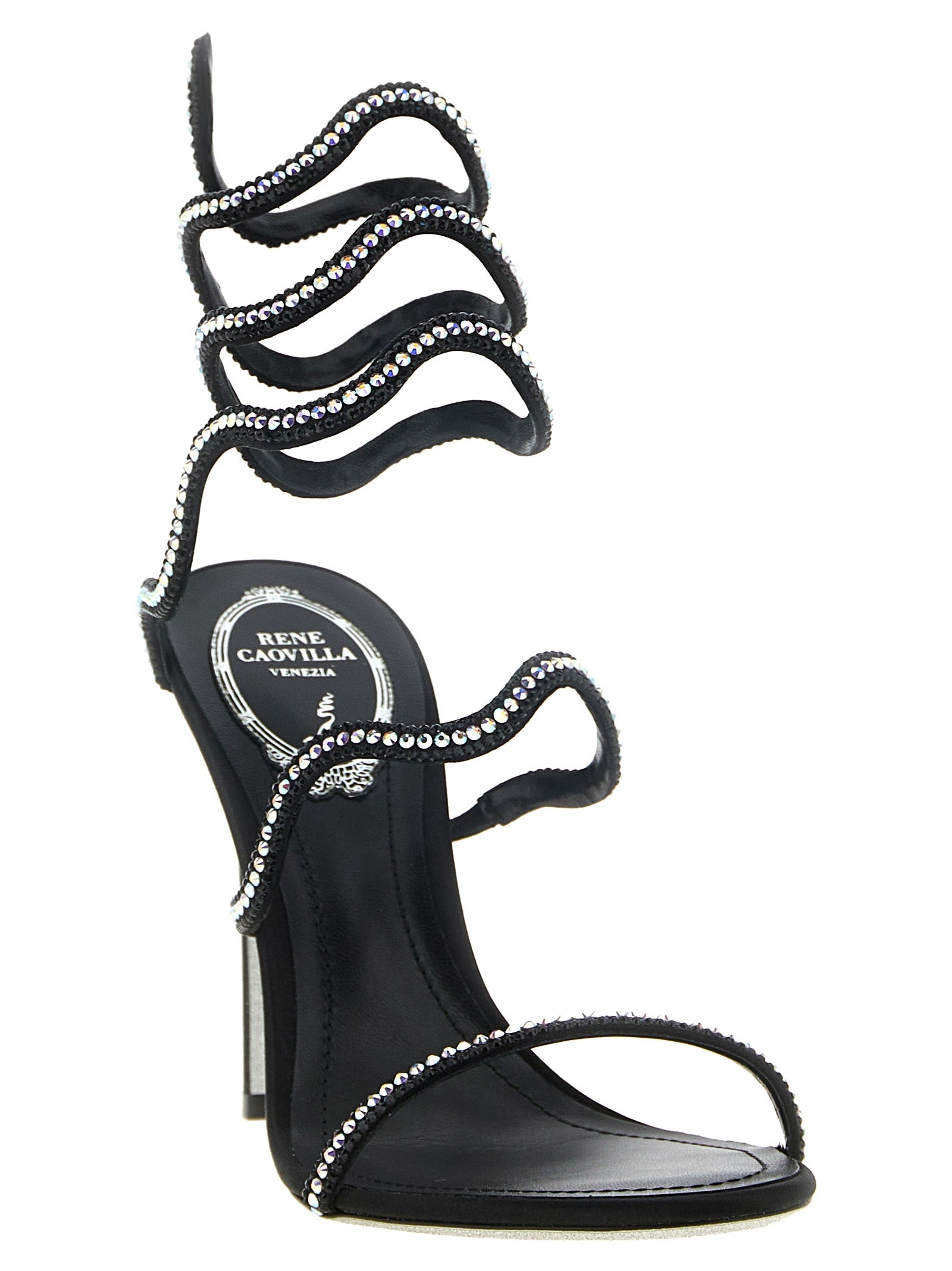 RENE CAOVILLA Black Satin Stiletto Heel Sandals