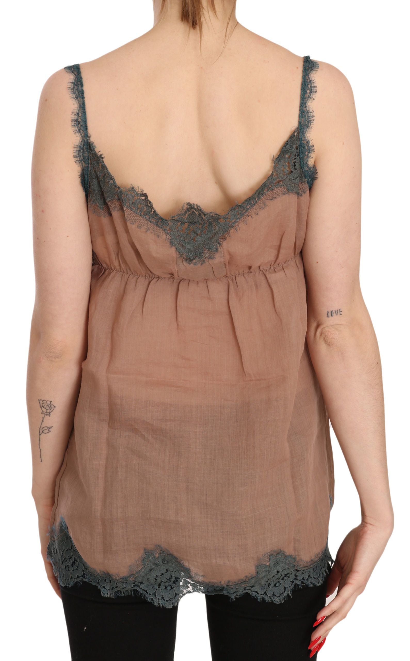 PINK MEMORIES Brown Lace Spaghetti Strap Tank Top Blouse