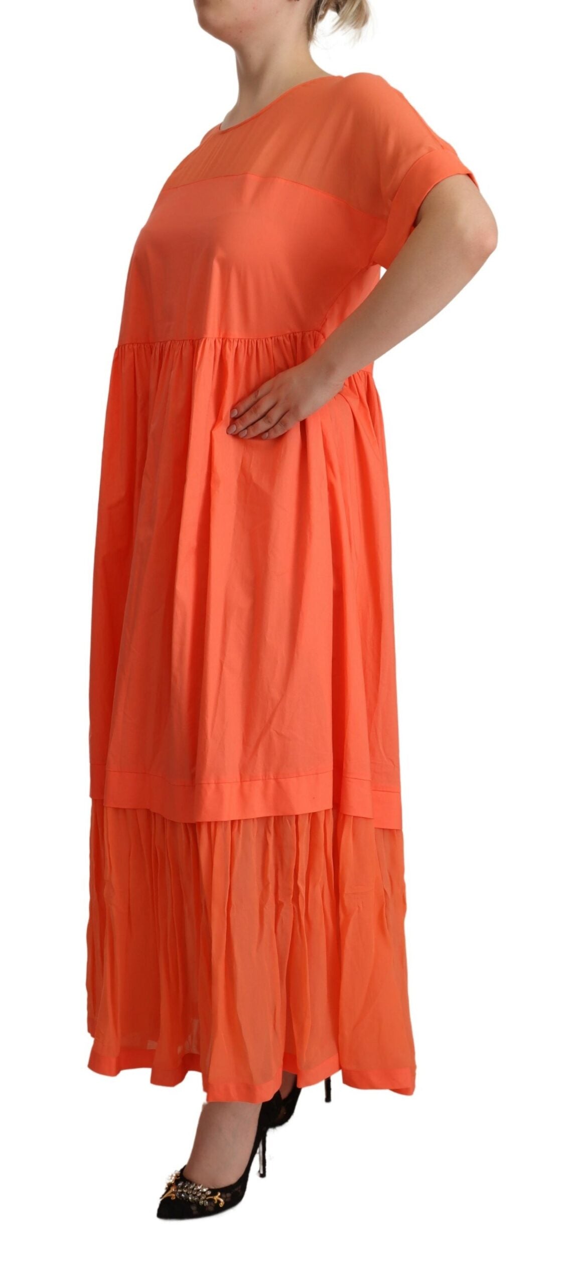 Twinset Coral Cotton Blend Short Sleeves Maxi Shift Dress