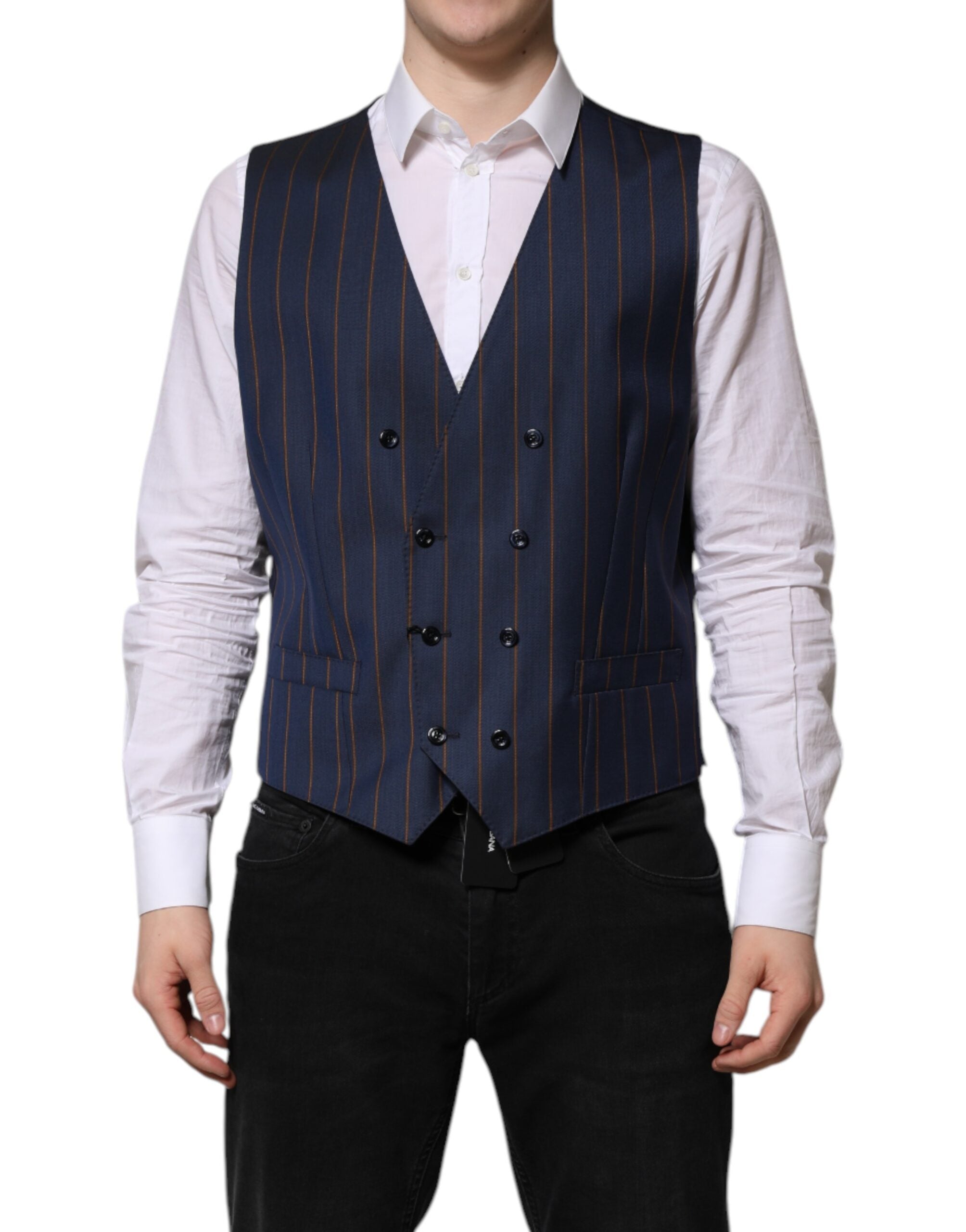 Dolce & Gabbana Blue Stripes Wool Formal Men Waistcoat Vest