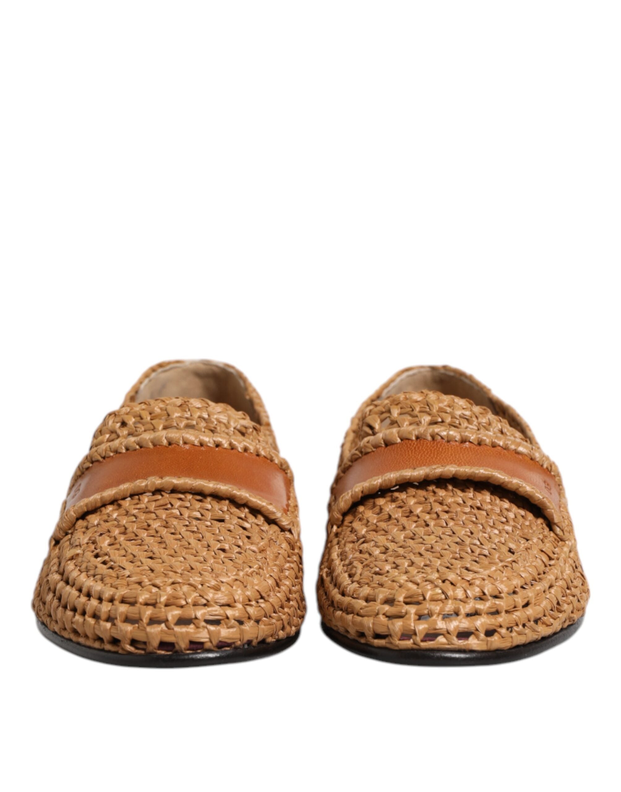 Dolce & Gabbana Brown Woven Raffia Slip On Loafers Shoes