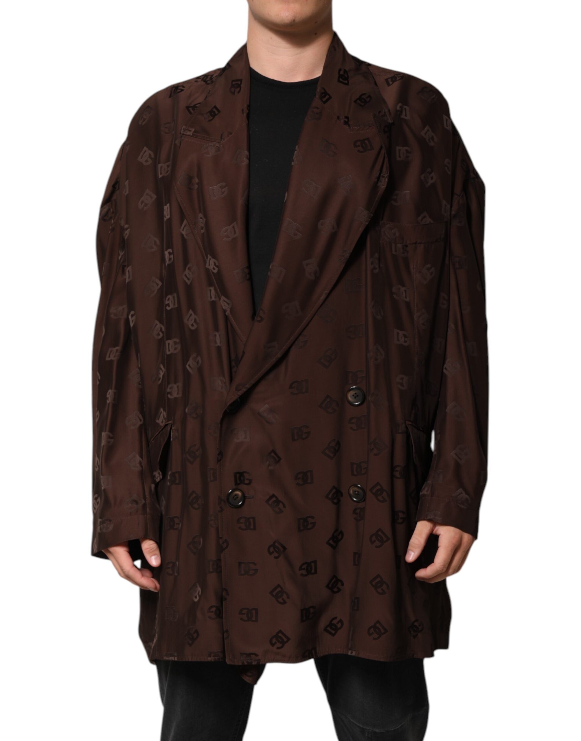 Dolce & Gabbana Brown Polyester Logo Monogram Coat Jacket