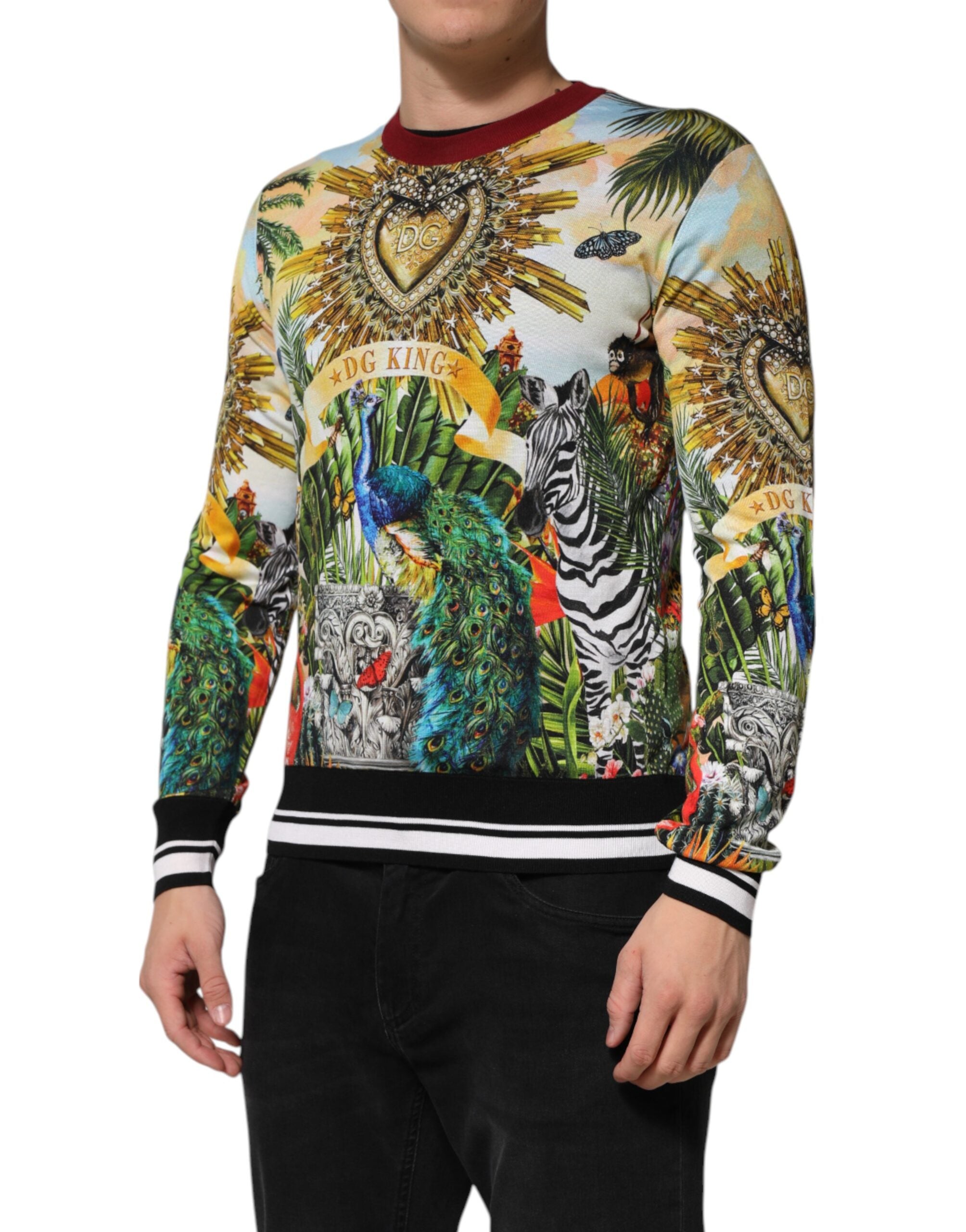 Dolce & Gabbana Tropical Heart Crown Silk Pullover Sweater