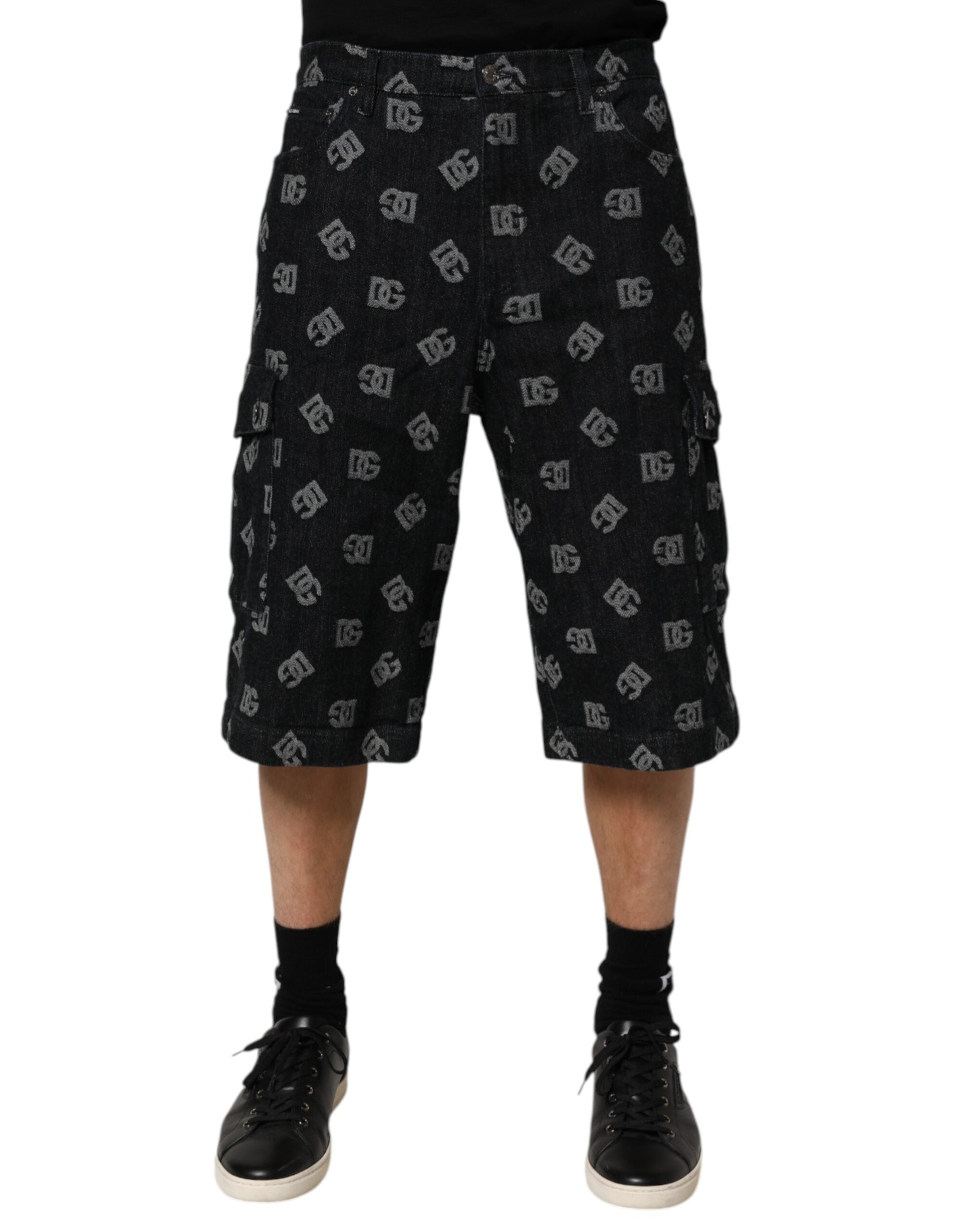 Dolce & Gabbana Black Monogram Denim Cargo Men Bermuda Short