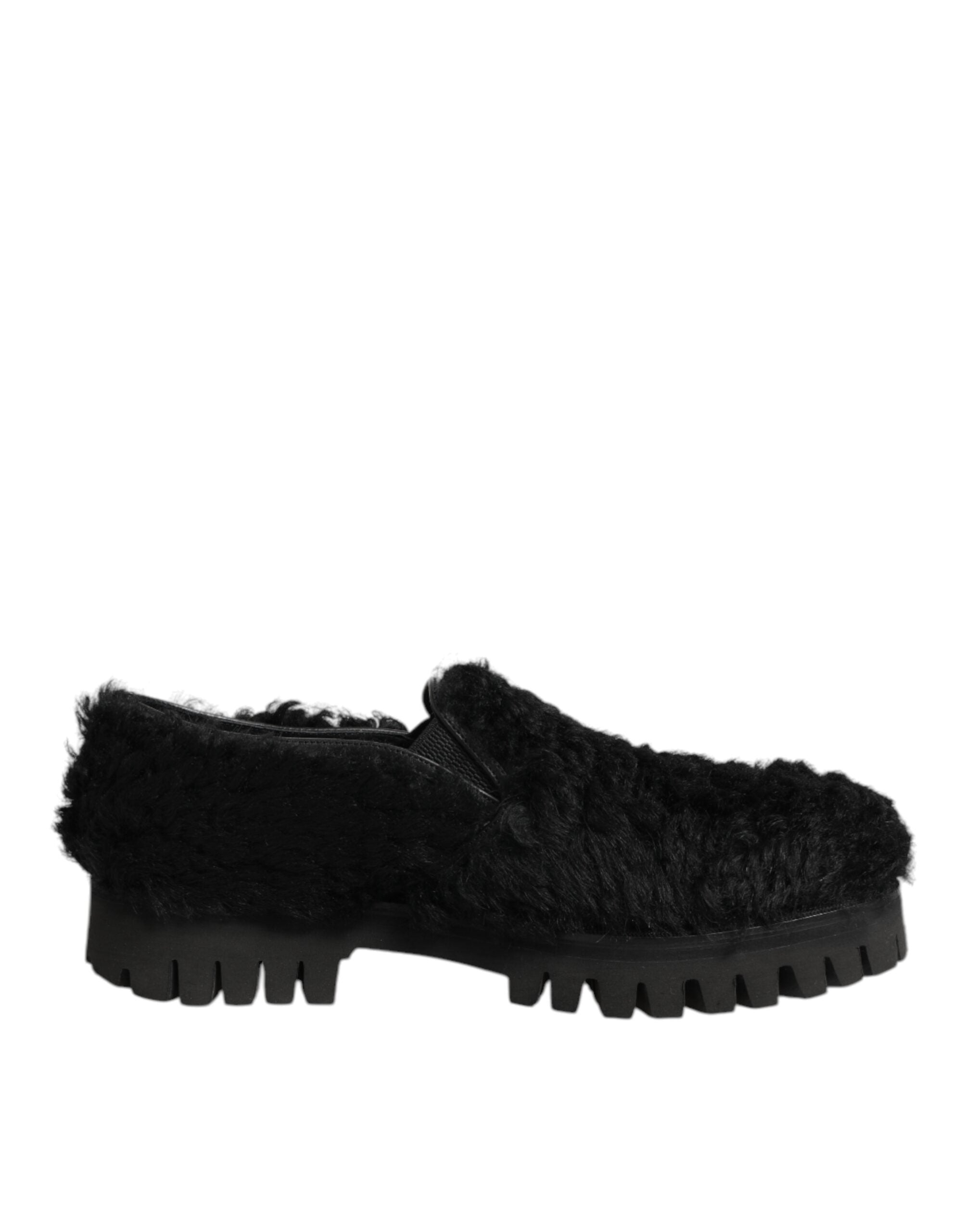 Dolce & Gabbana Dress Black Fur Leather Slippers Men Shoes