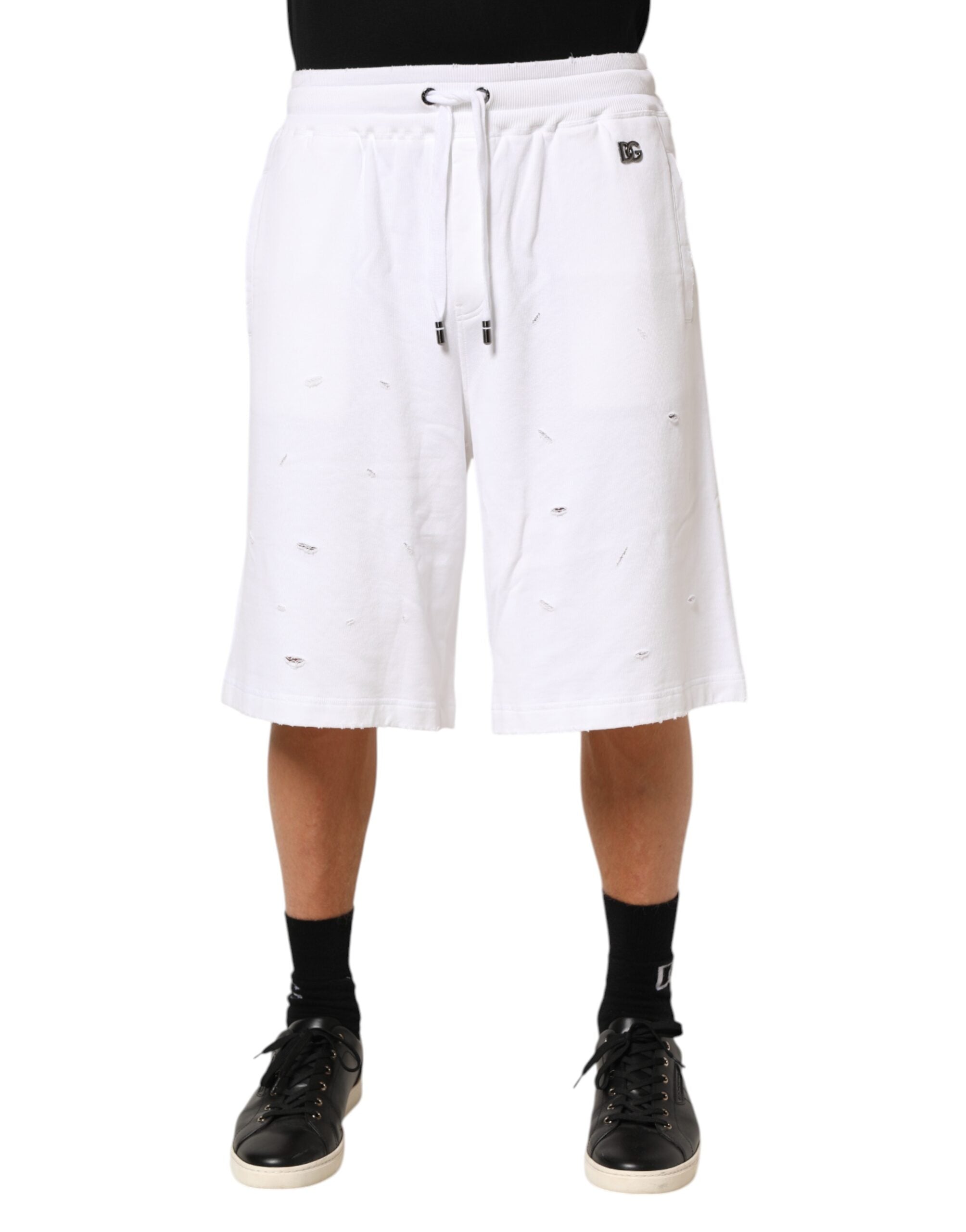 Dolce & Gabbana White Cotton Ripped Bermuda Sweatpants Shorts