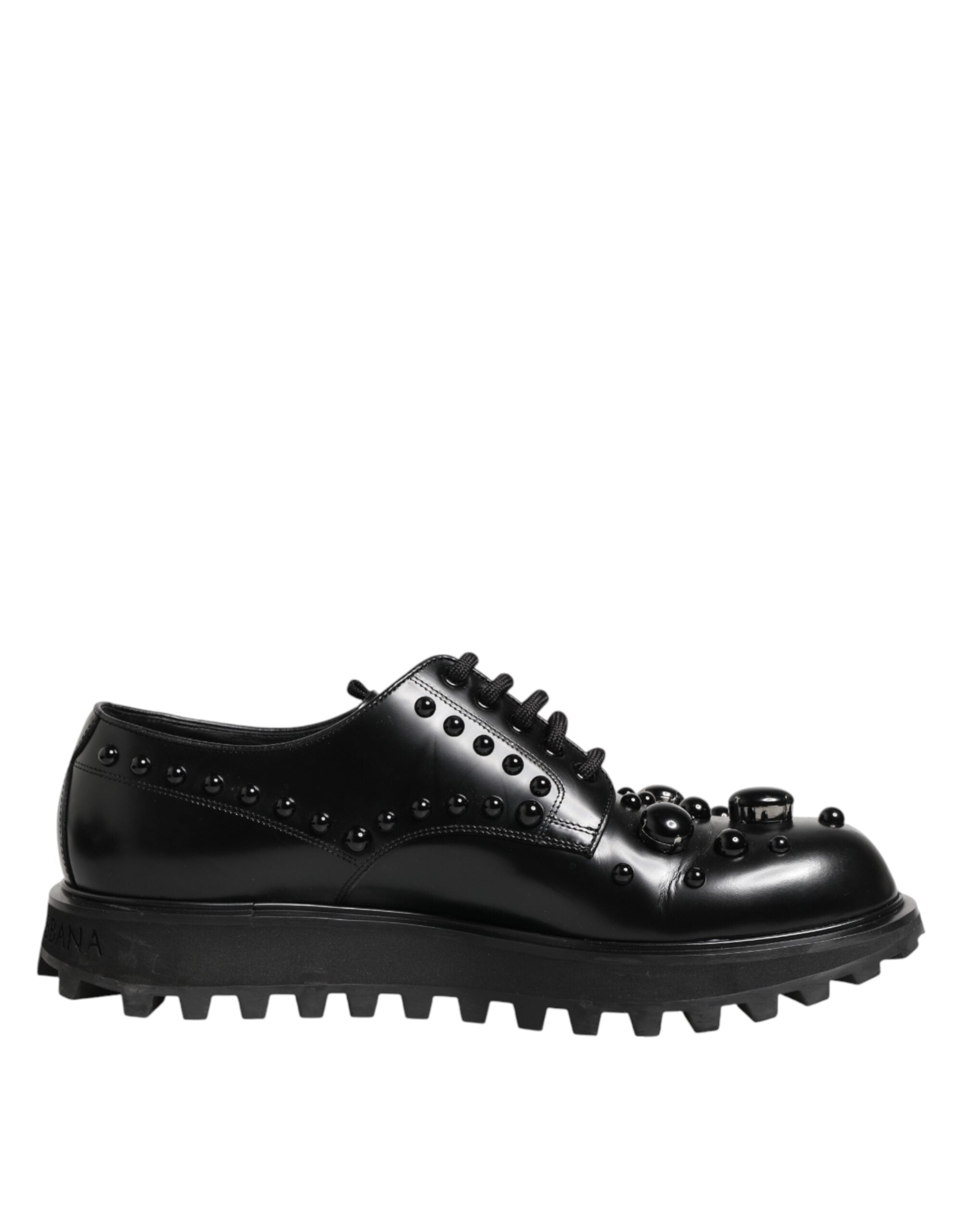 Dolce & Gabbana Black Leather Studded Men Formal Derby  Shoes