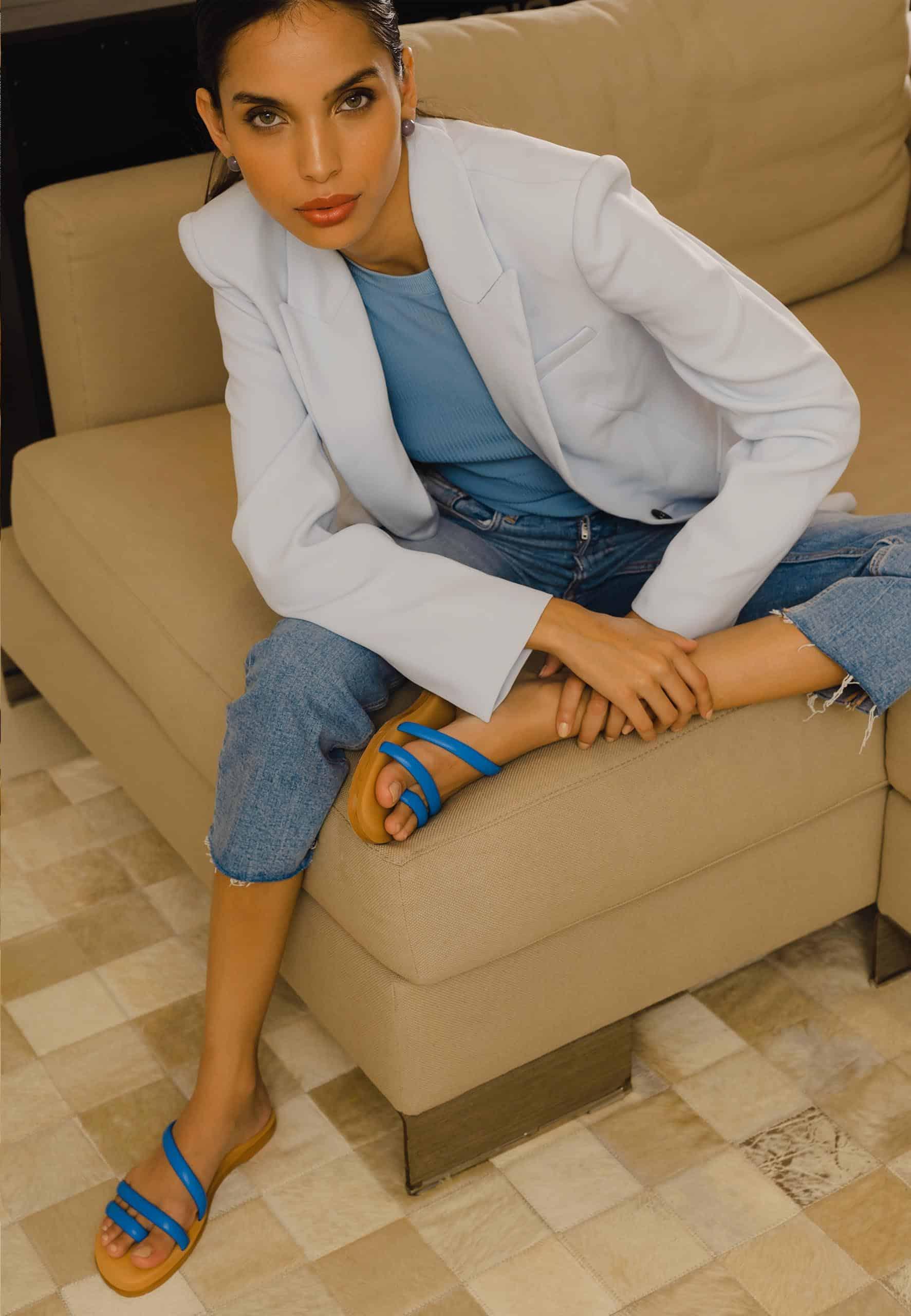 Mangará Atelier Blue Calf Leather Flat Sandals – Women’S Minimalist Three-Strap Slides