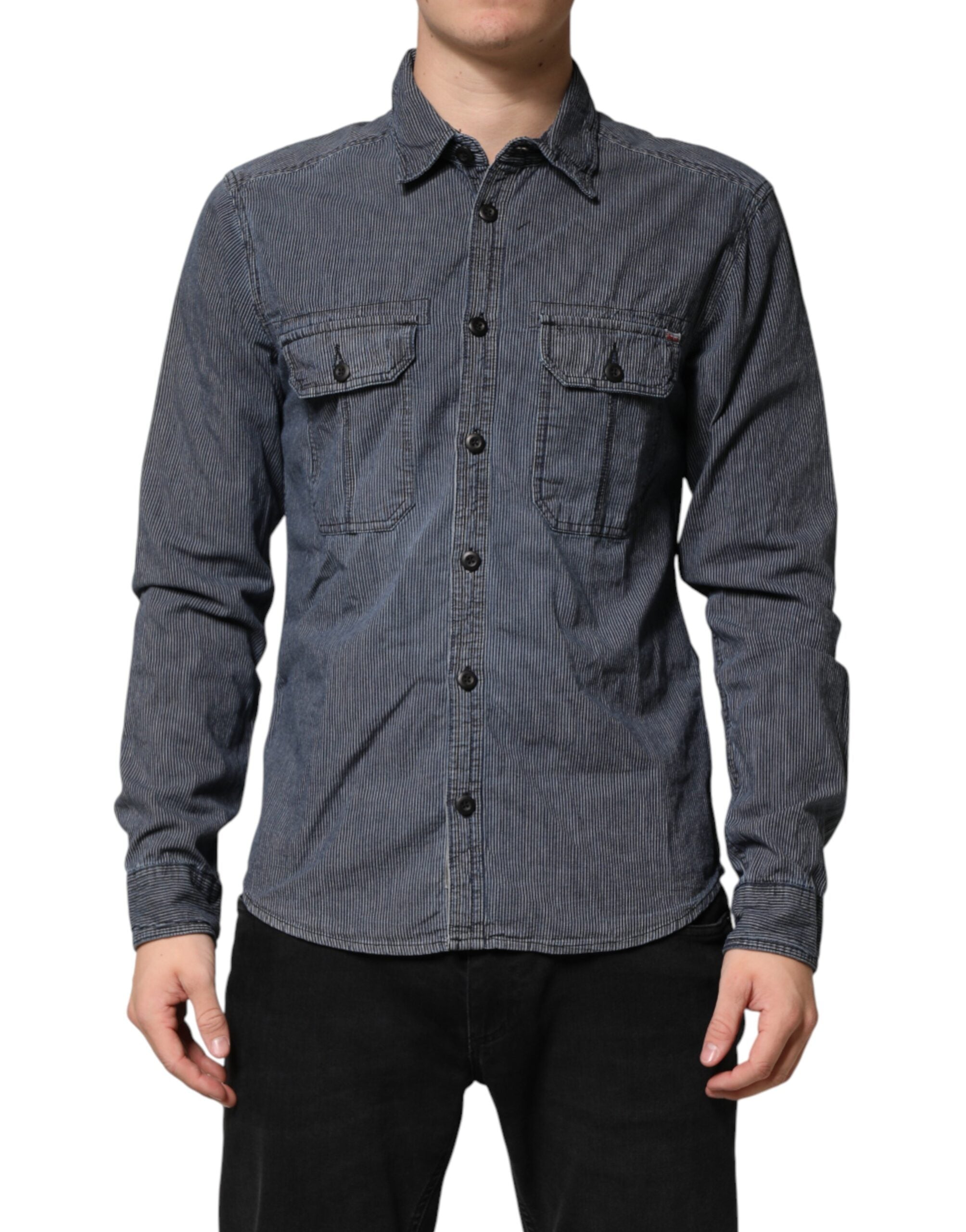 Jack & Jones Blue White Button Down Long Sleeves Men Denim Shirt