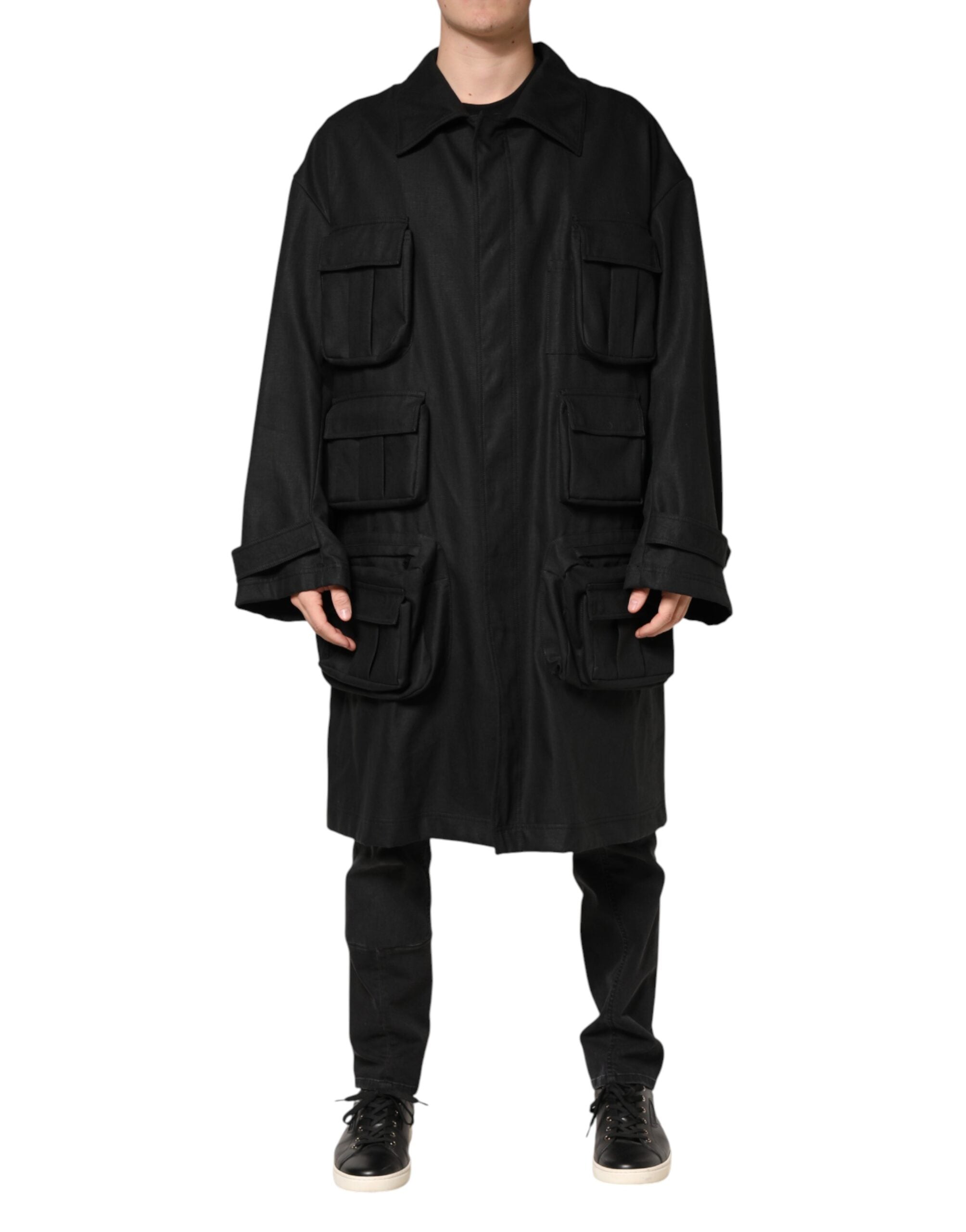 Dolce & Gabbana Black Pockets Collared Trench Coat Jacket